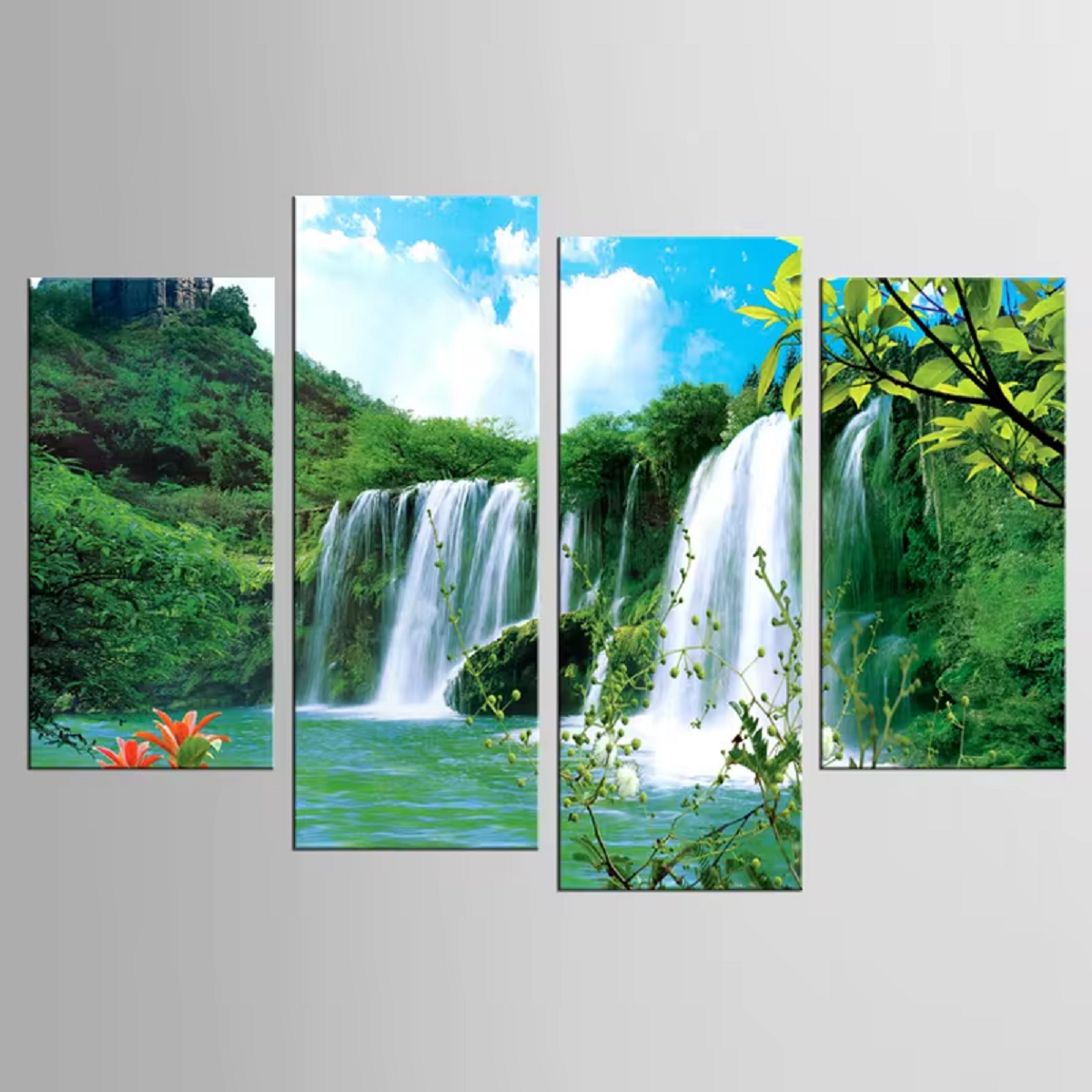 Beautiful Natural Waterfall River Flow Forest 4 Piece Canvas Wall Art