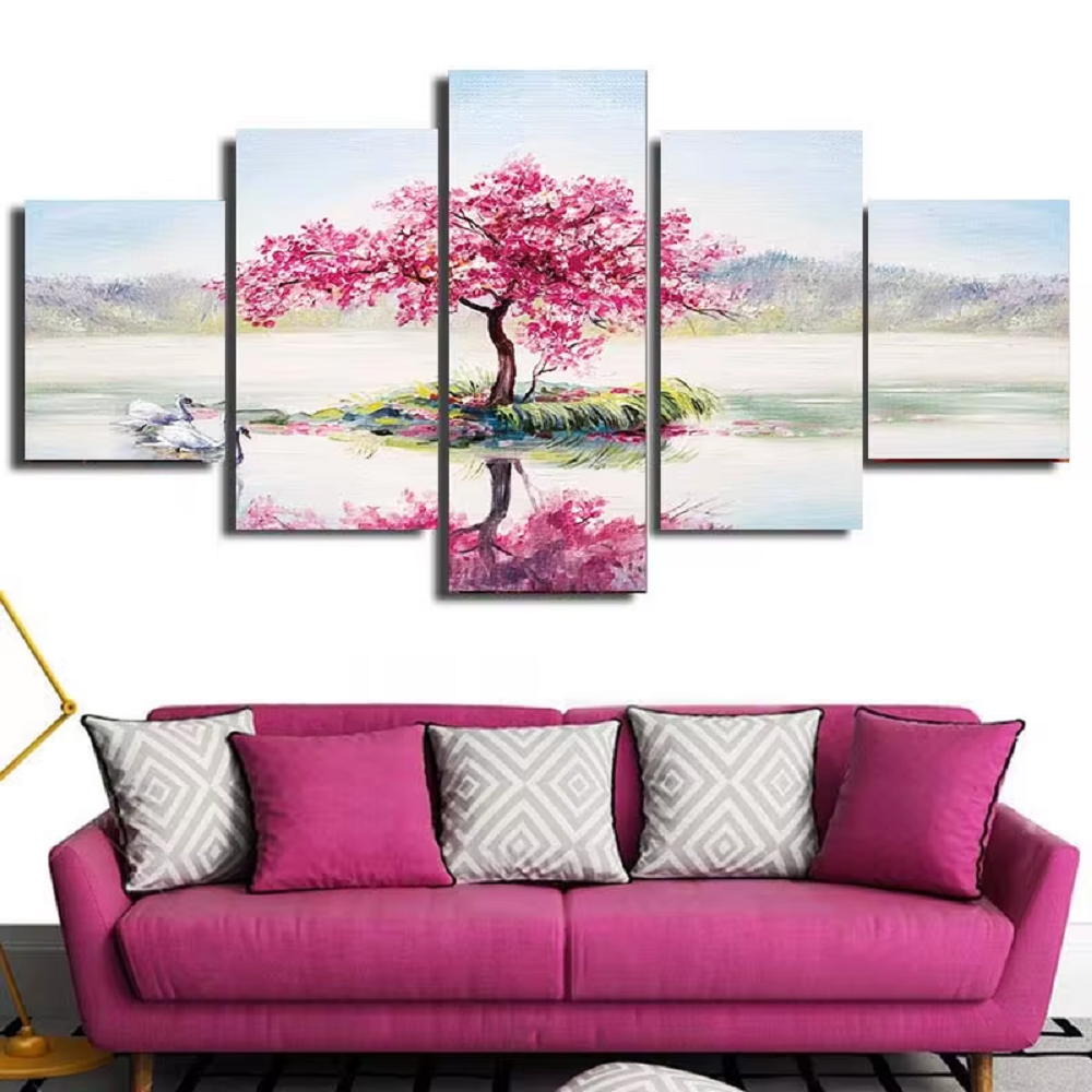 Pink Cherry Tree Blossom Lake Reflection Art 5 Piece Canvas Wall Art P ...