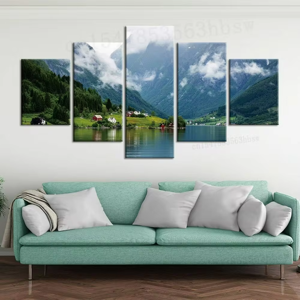 Mountain Lake Nature Village 5 Piece Canvas Wall Art Painting Wallpape ...
