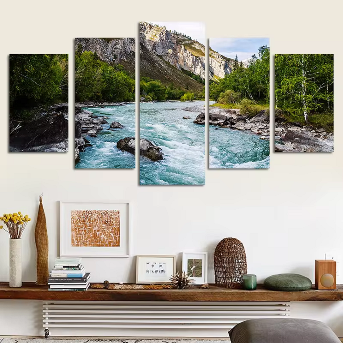 Mountain Valley Forest River Nature Tree 5 Piece Canvas Wall Art Paint ...