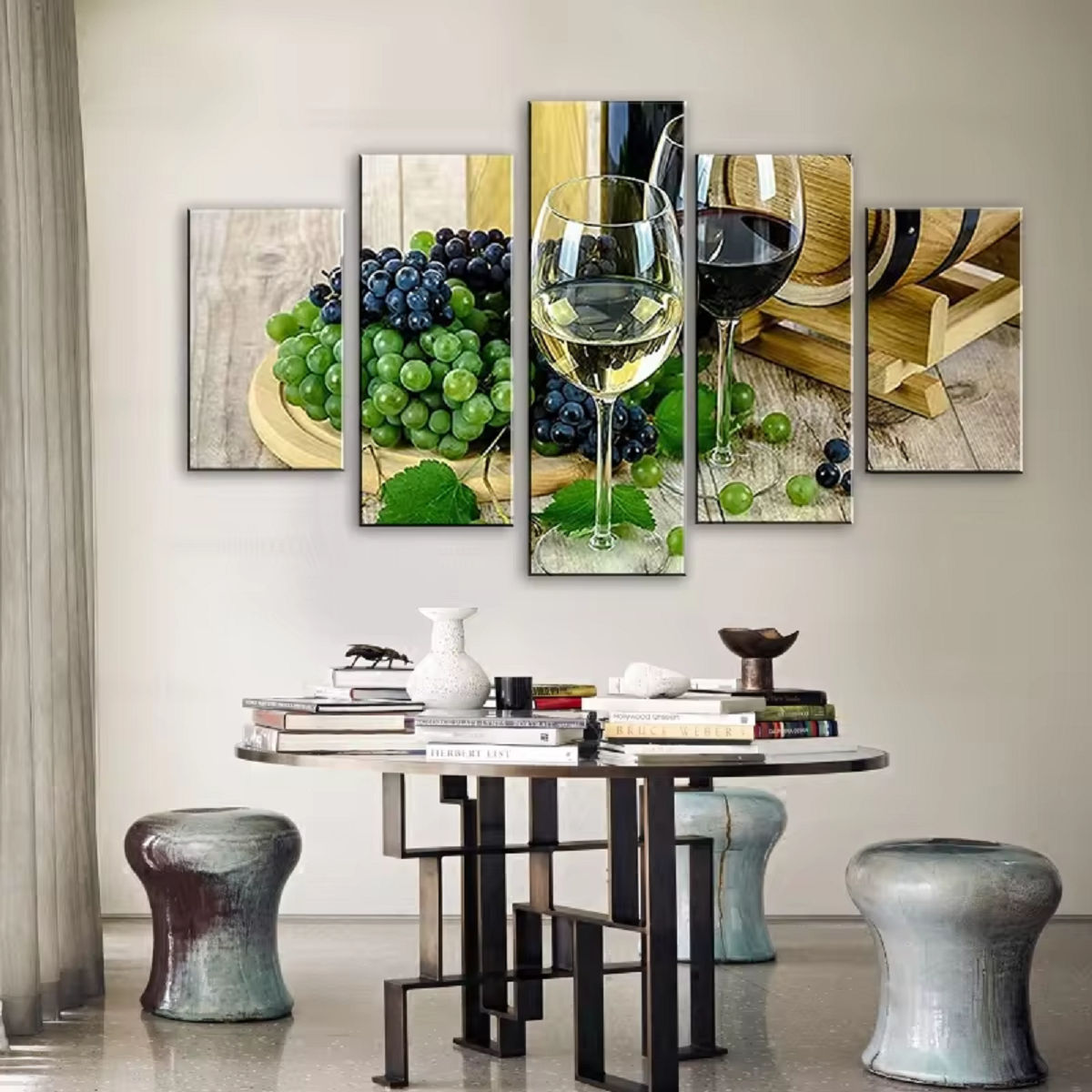 Red & White Wine Purple & Green Grapes Fruit 5 Piece Canvas Wall Art P ...