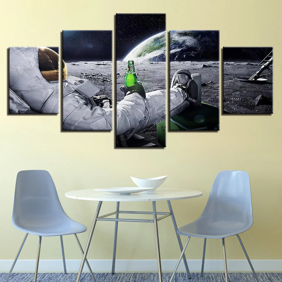 Astronaut Drinking On Moon Space Lunar 5 Piece Canvas Wall Art Paintin ...