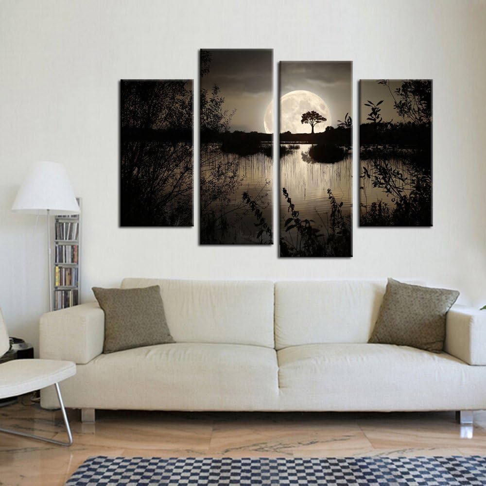 Full Moon Night Dark Forest Trees Over Lake 4 Piece Canvas Wall Art Pa ...