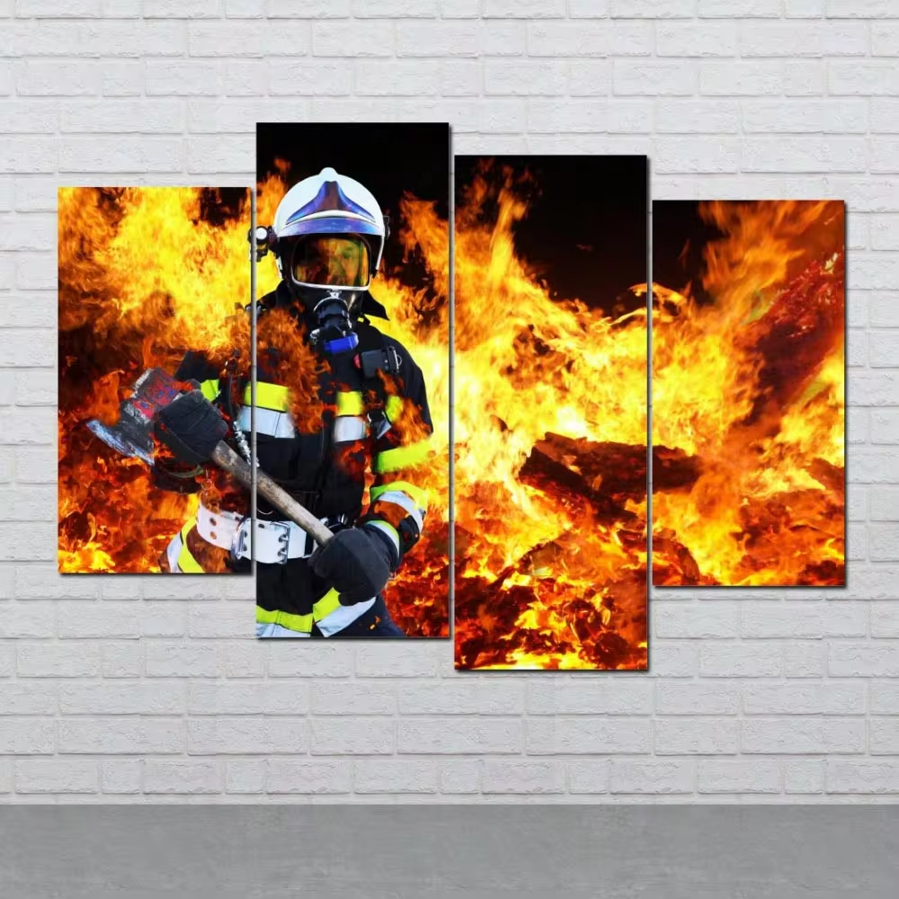 Fireman In Fire Firefighter 4 Piece Canvas Wall Art Painting Wallpaper ...