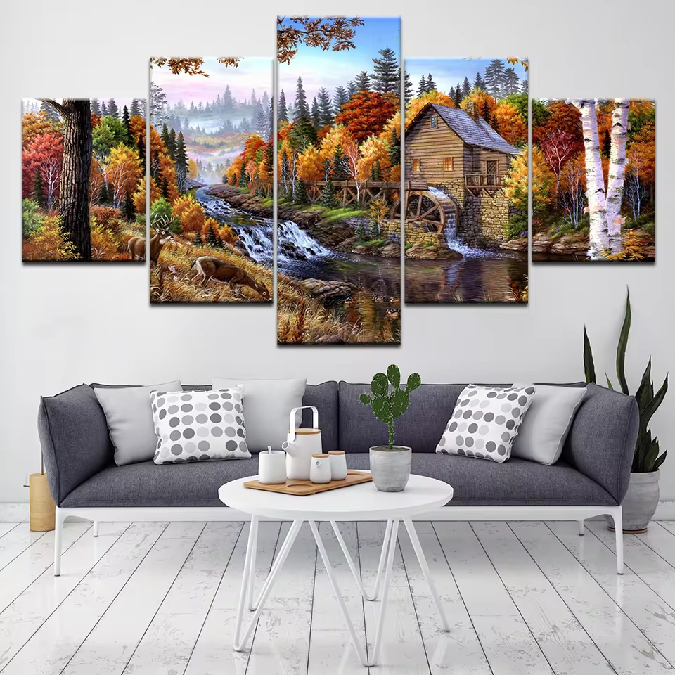 Colorful Fall Trees Nature Village Autumn Forest River 5 Piece Canvas ...