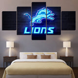 NFL Football Team Detroit Lions Neon Logo 5 Piece Canvas Wall Art Painting Wallpaper Poster Picture Print Photo Decor