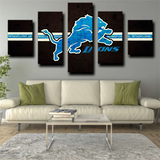 NFL Football Sports Team Detroit Lions Logo Black 5 Piece Canvas Wall Art Painting Wallpaper Poster Picture Print Photo Decor