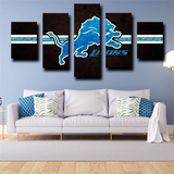 NFL Football Sports Team Detroit Lions Logo Black 5 Piece Canvas Wall Art Painting Wallpaper Poster Picture Print Photo Decor