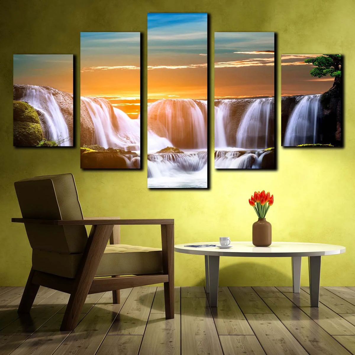 Majestic Waterfall At Sunrise With Orange Sky 5 Piece Canvas Wall Art ...