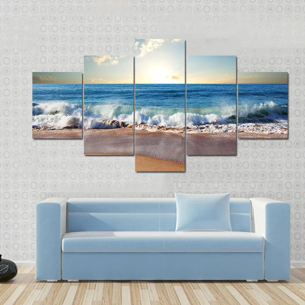 Sunset Beach Ocean Waves Golden Sand Scenic View 5 Piece Canvas Wall A ...