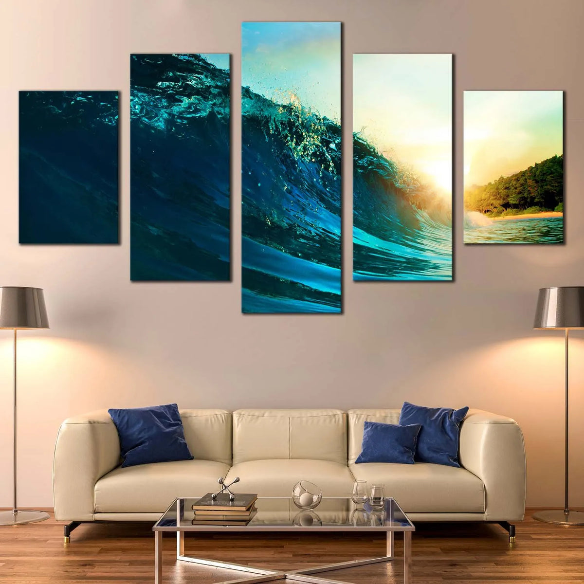 Blue Surfing Ocean Wave And Sunset Scene 5 Piece Canvas Wall Art Paint ...