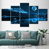 Blue Moon Mountain Lake Nature Night Forest 5 Piece Canvas Wall Art Picture Decor Painting Print Wallpaper Poster Picture Photo
