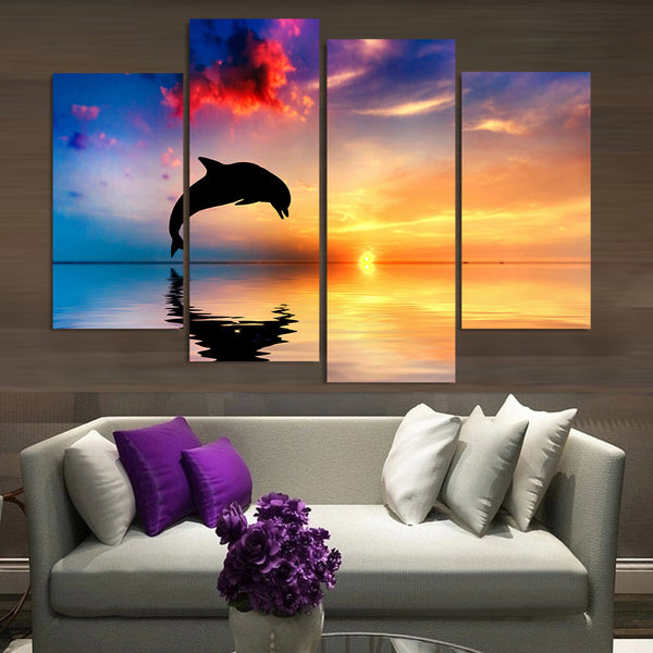 Ocean Seascape Dolphin Sunset Sunrise Framed 4 Piece Canvas Wall Art Painting Wallpaper Poster Picture Print Photo Decor