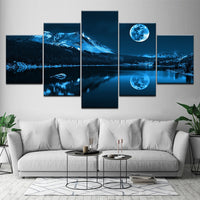 Blue Moon Mountain Lake Nature Night Forest 5 Piece Canvas Wall Art Picture Decor Painting Print Wallpaper Poster Picture Photo