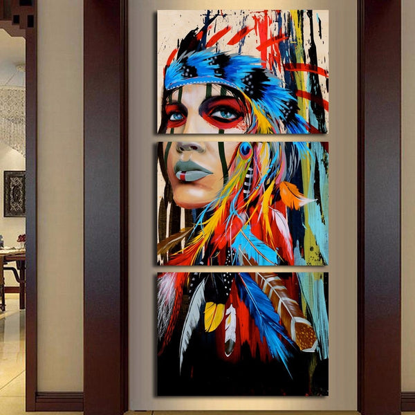 Colorful Native American Indian Girl 3 Piece Canvas Wall Art Picture Decor Painting Print Wallpaper Poster Photo