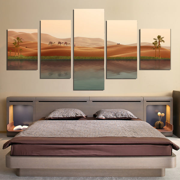 Desert Camels Oasis 5 Piece Canvas Wall Art Images Picture Wallpaper Mural Decoration Design Artwork Poster Decor Print Painting Photography