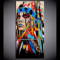 Colorful Native American Indian Girl 3 Piece Canvas Wall Art Picture Decor Painting Print Wallpaper Poster Photo