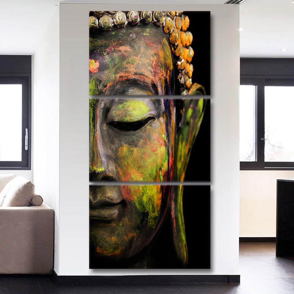 Buddhism Zen Buddha Face Statue Framed 5 Piece Canvas Wall Art Paintin ...