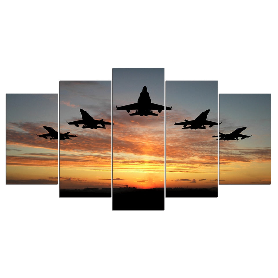 Fighter Jets Airforce Airplanes Sunset Sunrise Framed 5 Piece