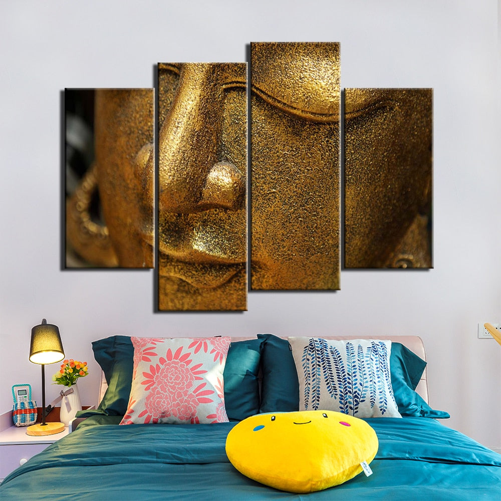 Buddha Face Statue Buddhist Zen Buddhism Framed 4 Piece Canvas Wall Ar ...