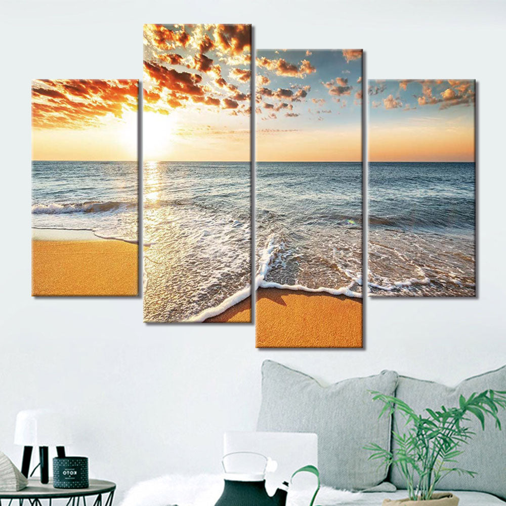 Ocean Seascape Beach Wave Sunrise Sunset 4 Panel Piece Framed Canvas W 