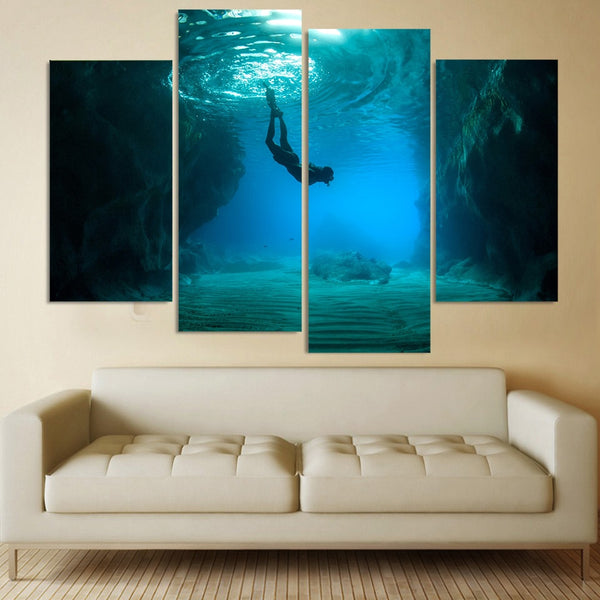 Ocean Diving Diver Swimming Framed 4 Piece Canvas Wall Art Painting Wallpaper Poster Picture Print Photo Decor
