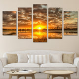 Sunrise Sunset On Water Framed 5 Piece Nature Canvas Wall Art Painting Wallpaper Poster Picture Print Photo Decor