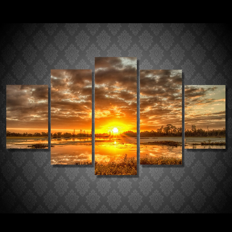 Sunrise Sunset On Water Framed 5 Piece Nature Canvas Wall Art Painting ...