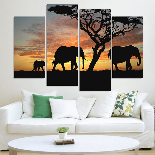 African Elephant Savannah Serengeti Sunset Framed 4 Piece Canvas Wall Art Painting Wallpaper Poster Picture Print Photo Decor
