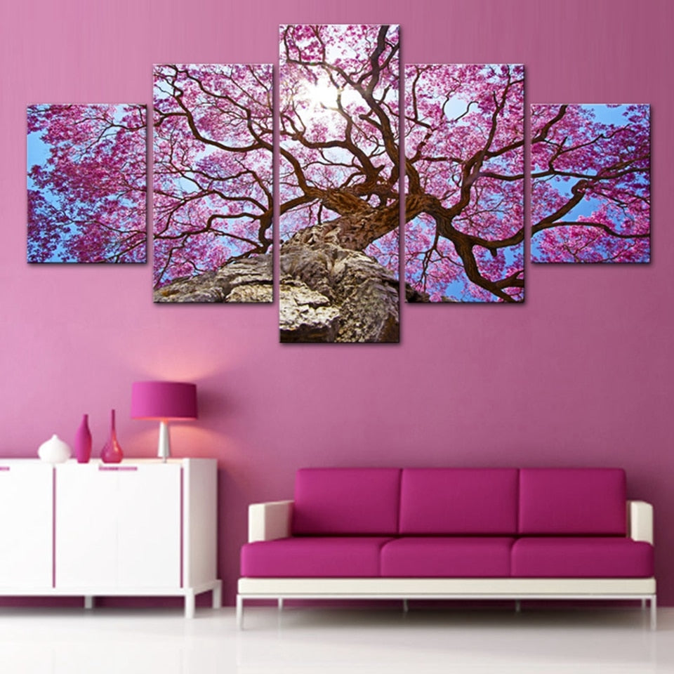 Beautiful Pink Cherry Tree Framed 5 Piece Canvas Wall Art Buy Canvas