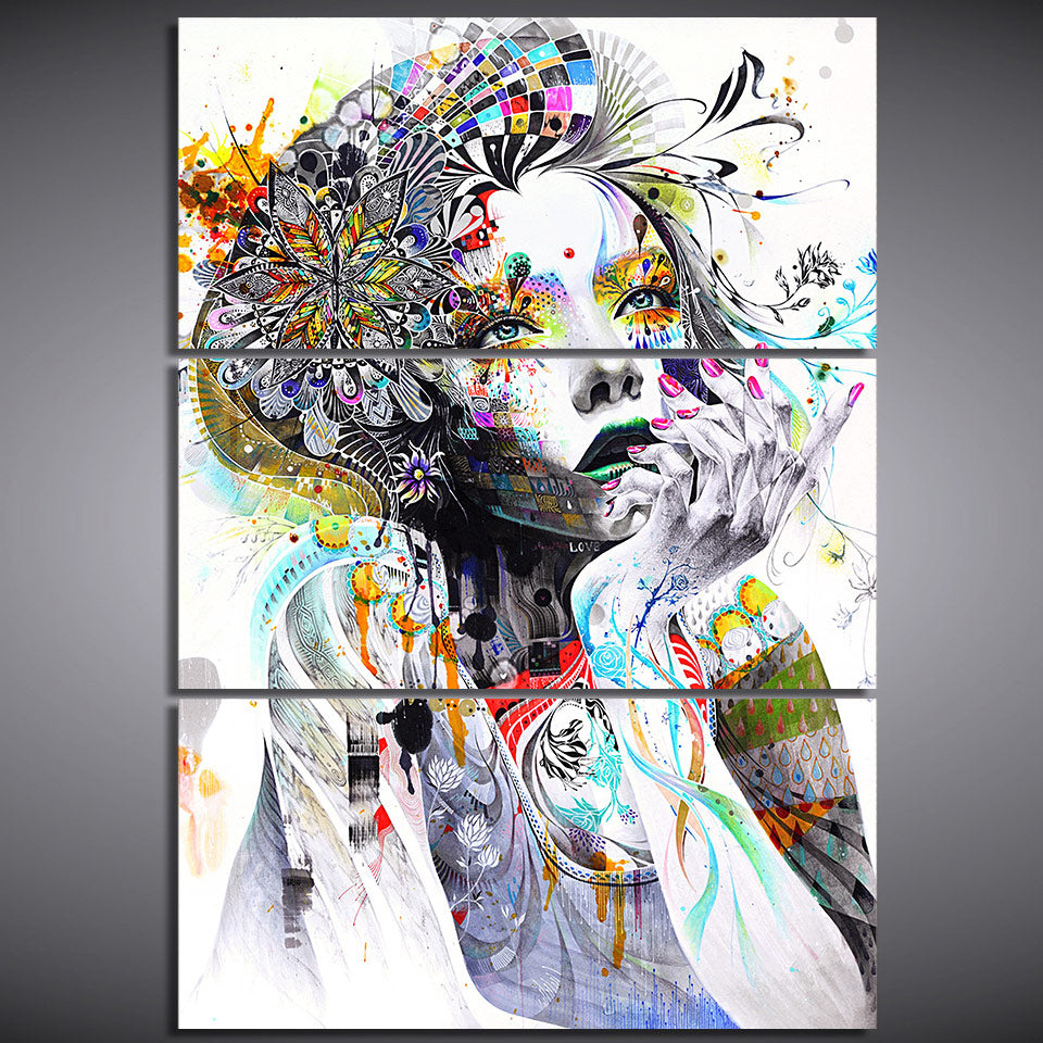 Colorful Abstract Flower Lady Framed 3 Piece Canvas Wall Art Painting ...