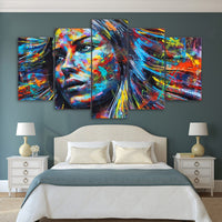 Colorful Woman Face & Hair Abstract Artwork Framed 5 Piece Canvas Wall Art Picture Print