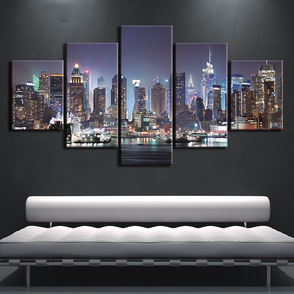 New York City NYC Night Skyline Framed 5 Piece Canvas Wall Art Paintin ...