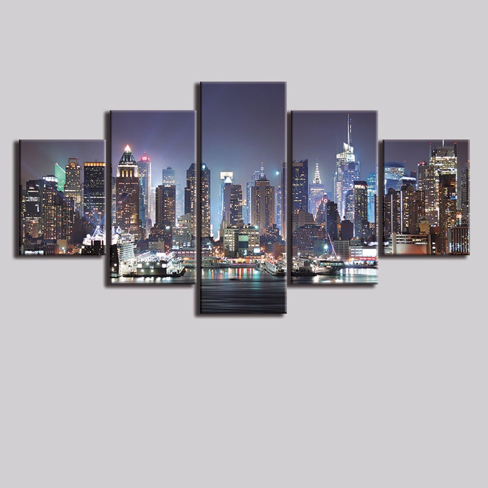 New York City NYC Night Skyline Framed 5 Piece Canvas Wall Art Paintin ...
