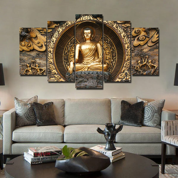 Golden Buddha Statue Framed 5 Piece Canvas Wall Art