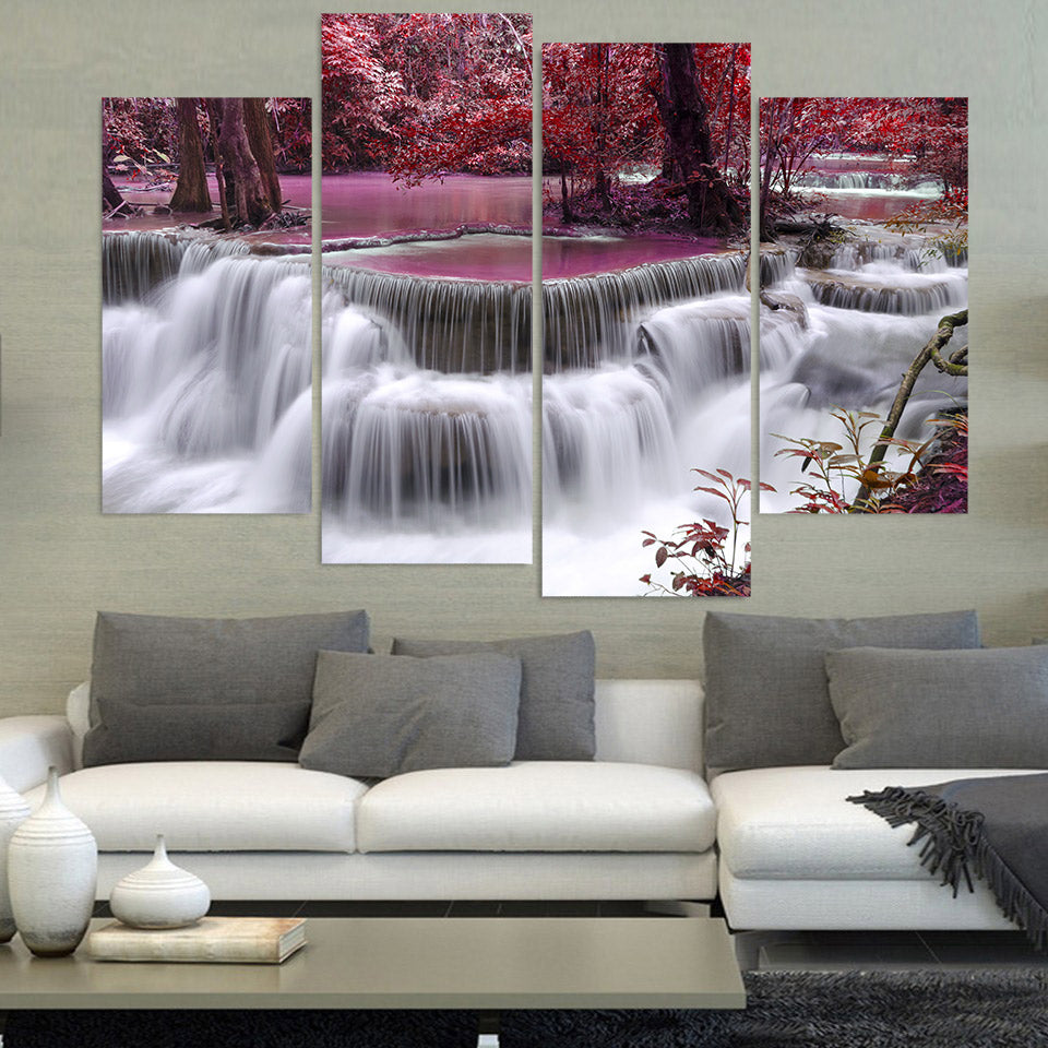 Autumn Forest Trees Waterfall Framed 4 Piece Canvas Wall Art Painting ...