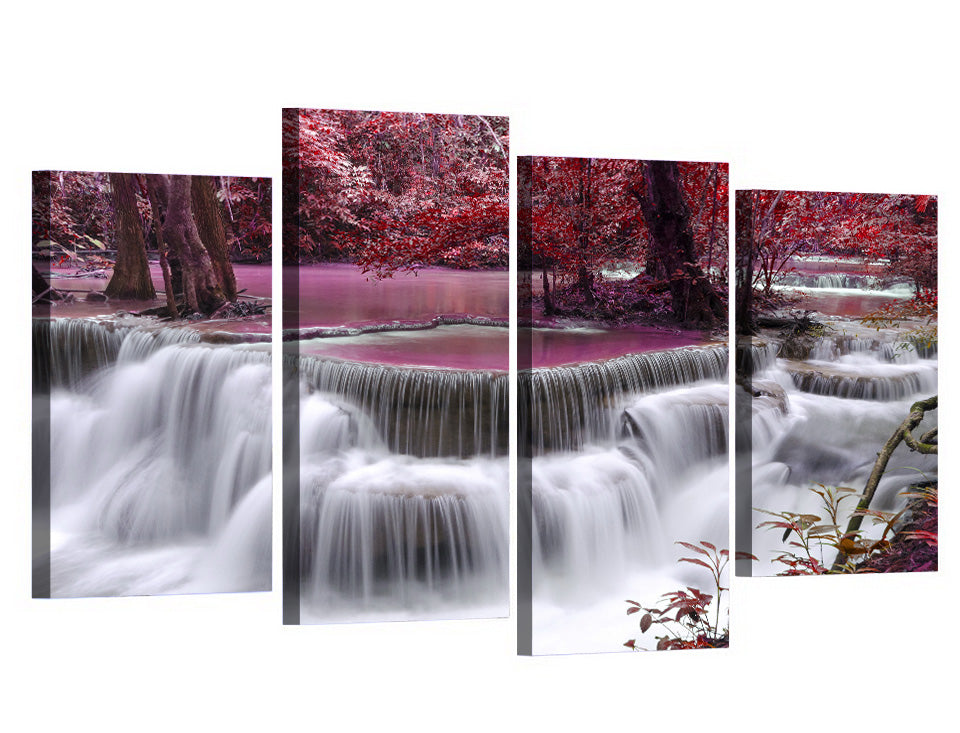 Autumn Forest Trees Waterfall Framed 4 Piece Canvas Wall Art Painting ...