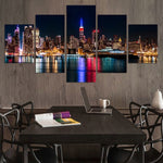 Beautiful NYC New York City Night Lights Skyline America USA Framed 5 Piece Panel Canvas Wall Art Print