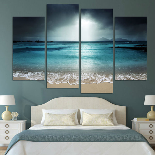Ocean Beach Waves & Sand Seascape Framed 4 Piece Canvas Wall Art Painting Wallpaper Poster Picture Print Photo Decor