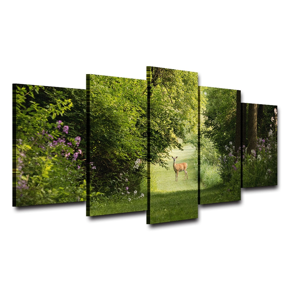 Deer In Summer Forest Nature Framed 5 Piece Canvas Wall Art Painting W ...