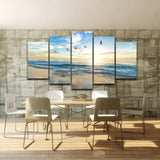 Sandy Sea Beach & Ocean Waves With Clouds Sun & Seagull Birds Framed 5 Piece Canvas Wall Art - 5 Panel Canvas Wall Art - FabTastic.Co
