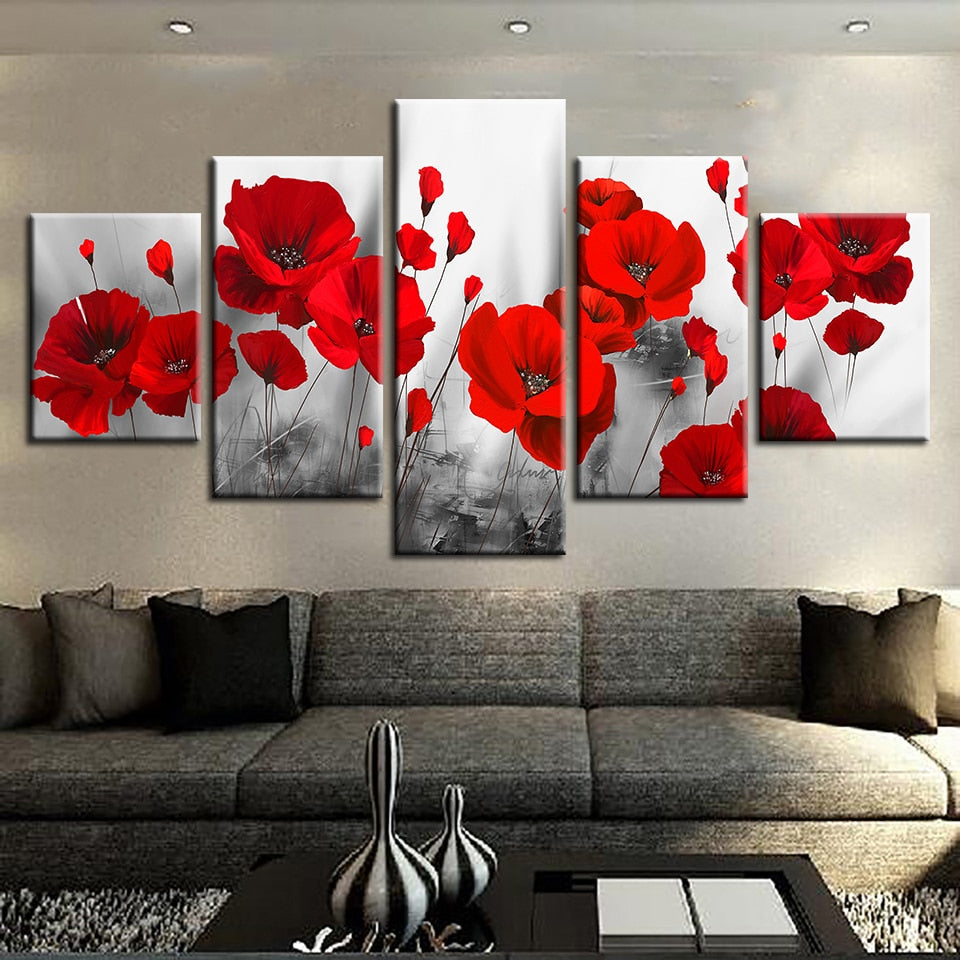 Romantic Red Poppy Flowers Painting Framed 5 Piece Canvas Wall Art ...
