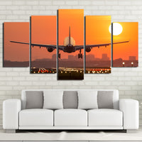 Airplane Sunset Sunrise Cityscape Landing Framed 5 Piece Canvas Wall Art - 5 Panel Canvas Wall Art - FabTastic.Co