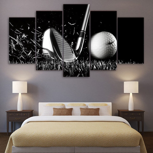 Golf Ball Sports Still Black & White Framed 5 Piece Canvas Wall Art - 5 Panel Canvas Wall Art - FabTastic.Co