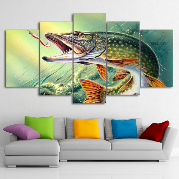Fishing Hooked Pike Fish Framed 5 Piece Canvas Wall Art - 5 Panel Canvas Wall Art - FabTastic.Co