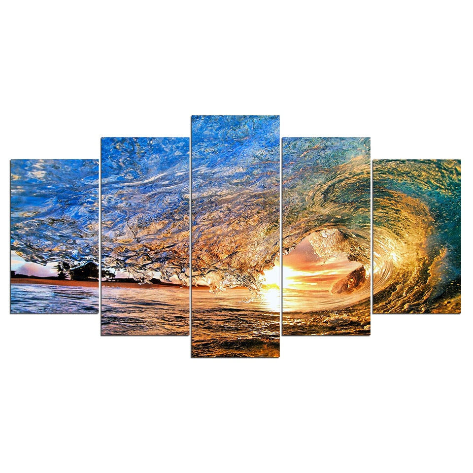 Framed 5 Piece Ocean Wave Sunrise Sunset Surf Seascape Canvas Wall Art ...