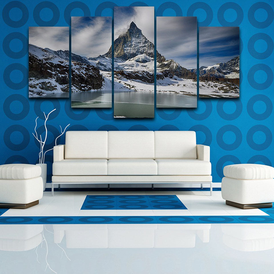 Zermatt Snowy Mountain Peak Framed 5 Piece Panel Canvas Wall Art Print ...