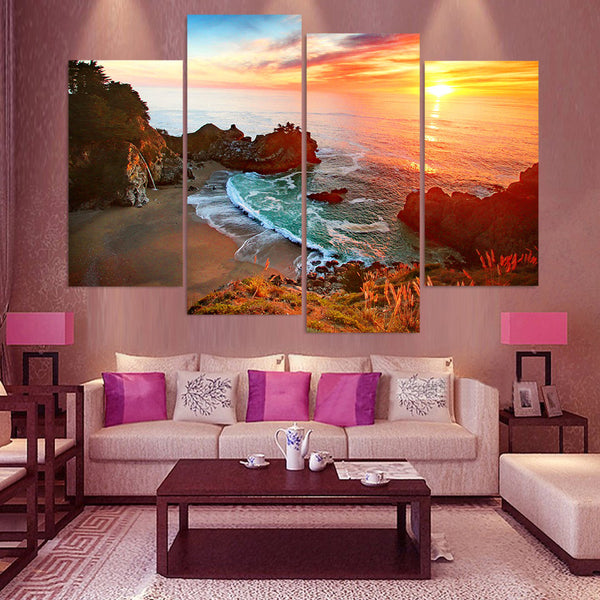 Rocky Beach Ocean Waves Seascape Sunset Sunrise  Framed 4 Piece Canvas Wall Art Painting Wallpaper Poster Picture Print Photo Decor