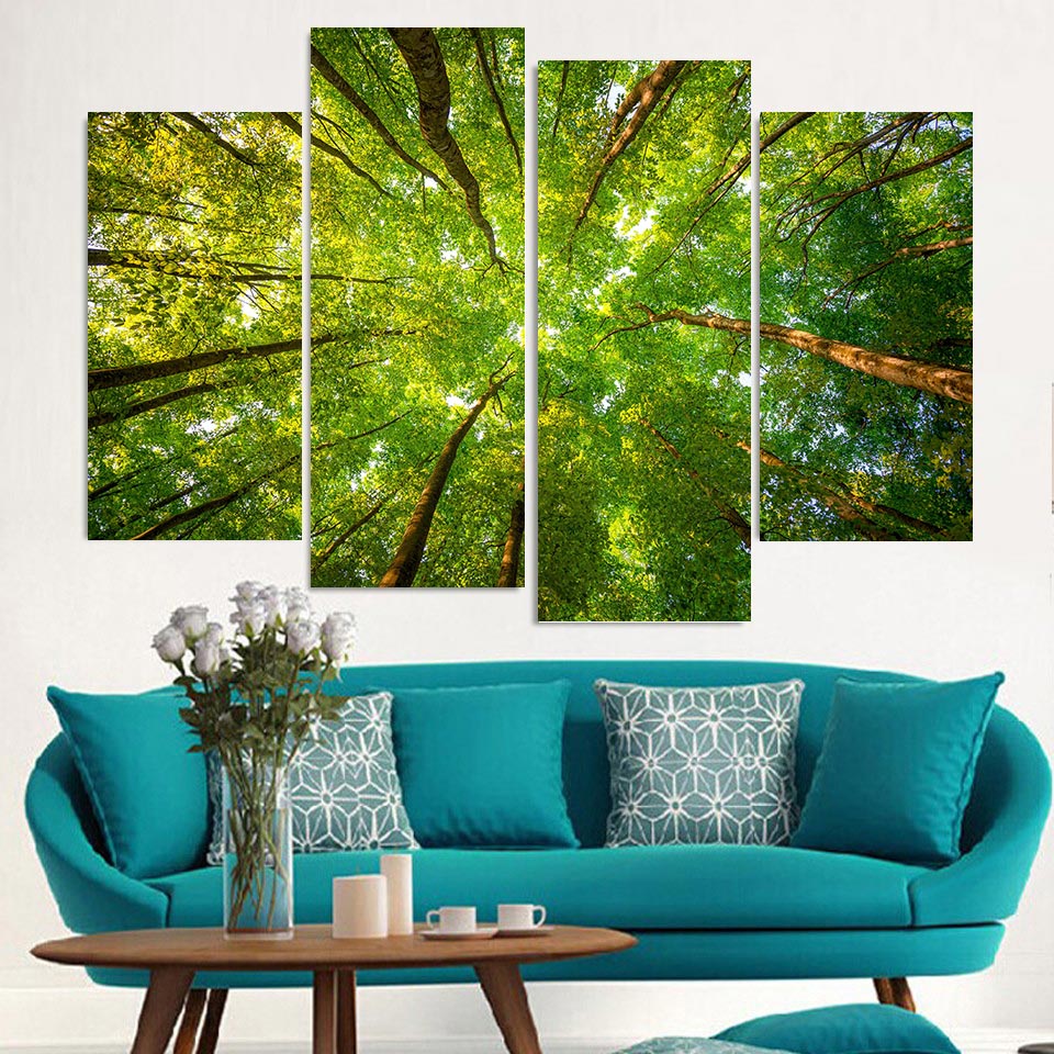 Forest Trees Framed 4 Piece Canvas Wall Art Painting Wallpaper Poster