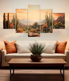 Sunny Desert Cactus Landscape Framed 5 Piece Canvas Wall Art Painting Wallpaper Poster Picture Print Photo Decor